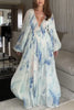Elegant Print Chiffon Long Dresses Women V-neck High Waist Drawstring Folds See Through Long Sleeve Party Dress Female Vestidos