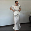 Women's White Floral Print Puff Sleeve Dress With Waistband Satin Ruffled Hem Maxi Dress Lady Elegant Party Robes