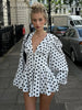 Polka Dot Puff Sleeve Dress Women's V-neck Waist Cinching Pleated Mini Dresses Spring Lady Elegant Casual Wear