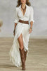 Vintage Solid Single Breasted Slit Long Dresses Women Lapel Belted Slim Pleated Long Sleeve Bohemian Irregular Maxi Dress