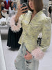 Satin Jacquard Fluffy Fur Cuffs Patchwork Blazer Light Green V Neck Long Sleeve Slim Outerwear Lady Fall Party Daily Jacket