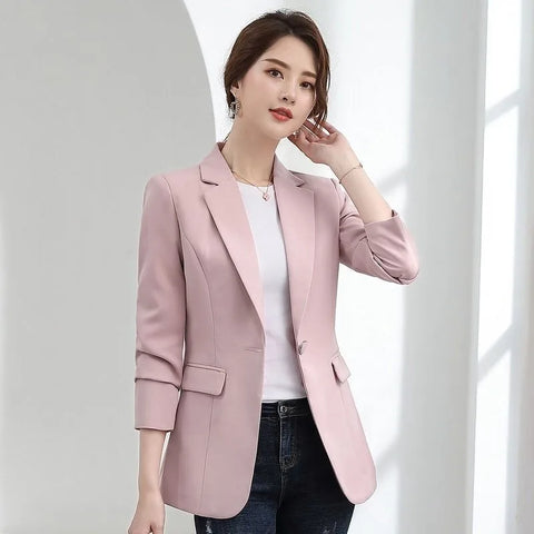 Autumn Women's Pink Blazer-Stylish Slim-Fit Formal Jacket with Black Matching Outfit, Elegant Professional Wear
