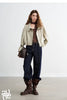 Women Slub Cotton Jackets Spring Cropped Tulip Silhouette Striped Cuff - Turn Up Stand Collar Tops