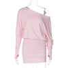 Woman Clothes Diagonal Collar Long Sleeve Package Hip Short Dress Streetwear Black Pink High Waist Tunics Slim Party Dresses