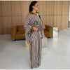 Striped Long Pants Set Color Block Turn Down Collar Three Quarter Sleeve Shirt Wide Leg Bottoms Casual Chic Women Outfits