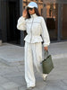 Women Black Track Suit Jacket Two Piece Suit Zip Up Cinch Waist Coat Wide Leg Pants Lady Autumn Street Matching Set