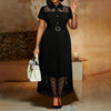 Elegant Women Black A Line Dress Sheer Lapel Collar Patchwork Pleated Lace Hem Loose Church Wedding Guest Office Causal Wear