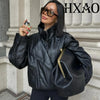 Black Jacket Women's Coat Faux Leather Jacket Outerwears Demi-Season Bomber Moto Biker Zipper Jacket High Neck Short Coat