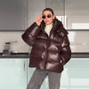 Shiny Hooded Cotton Jacket For Women Solid Long Sleeve Zipper Pockets Coats Lady Winter Street Warm Chic Outerwear