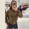Women's Cropped Bomber Jacket Stand Collar Zipper Patch Pocket Rib Trim Long Sleeve Short Coat Vintage Autumn Casual Outfit