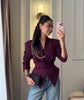 Pleated Waist Cinching Blazer Coat Women Chic Deep V-neck Full-sleeve Single Breasted Slim Coats Lady Commute Jacket
