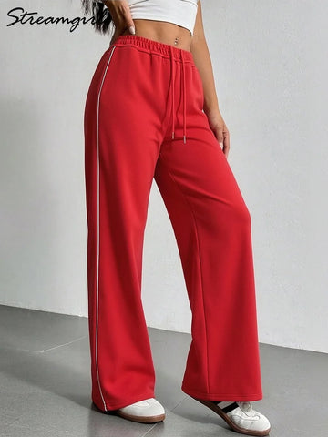 Women Sweatpants Cotton Red Side Striped Sports Pants Straight Elastic Waist Pants For Women Navy Blue Sweatpants With Stripe