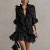 Solid Ruffle Mini Dresses Women Deep V Lace Splice Half Flare Sleeve Loose Irregular Hem Dress Autumn Party Elegant Casual Dress