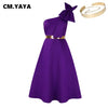 Women Big Bow Shoulder Skew Collar Big Swing Knee Length Dress Belt Street Vestidos Sexy Party Evening Chic Dresse