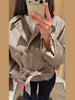 Women's Plaid Belt Short Jacket Loose Lapel Long Sleeve Lace Up Double Breasted Coats Autumn Lady Chic Jackets