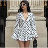 Polka Dot Puff Sleeve Dress Women's V-neck Waist Cinching Pleated Mini Dresses Spring Lady Elegant Casual Wear