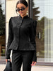 Solid Color Jacquard Glossy Satin Tops Women Chic Stand Collar Single Breasted Slim Fit Short Coats Lady Daily Outwear