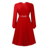 Elegant Dresses Woman V Neck Full Sleeve Pleated Mid Calf Belt Waisted African Female Birthday Party Dress