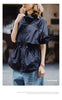 Women's Lightweight Stand Collar Short Windbreaker Jacket Navy Blue Contrast Parka with Waist Cinching for Spring and Fall