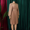 Elegant Dresses Woman V Neck Full Sleeve Pleated Mid Calf Belt Waisted African Female Birthday Party Dress