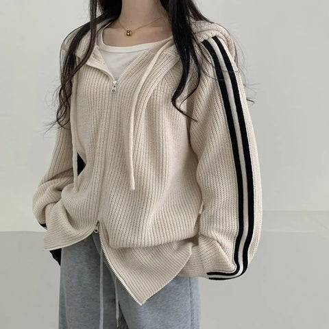 Harajuku Double Zipper Hooded Knitted Cardigans Women Autumn Winter Thick Sweater Coat Loose Long Sleeve Knitwear Jacket Sports