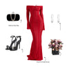 Autumn Off-Shoulder Maxi Dress Elegant Lace Flare Sleeves Red Evening Party Dress Women's Cocktail Dress