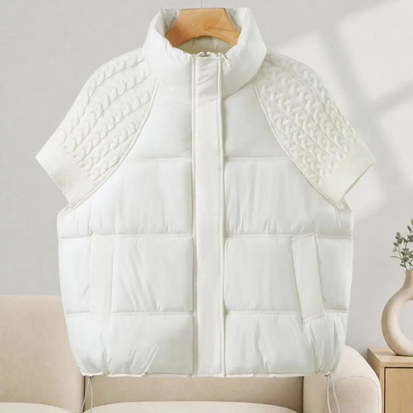 Women Stand Collar Knit Spliced Cotton Puffer Vest Drawstring Hem Loose Quilted Waistcoat Autumn Winter Casual Outerwear