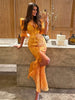 Elegant Ruffle Women's Long Dresses V Neck Half Sleeve Button Waist Cinching Pleated Dress Spring Lady Party Robes