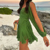 Sexy V-Neck Women Long Sleeve Mini Dress Stylish Hollow Out Lace Up Pleated Vestidos Casual Holiday Waist Tight Slim Solid Dress