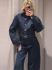 Heart Print Contrast Women Denim Two Piece Set Lapel Waist Cinched Cropped Jacket Wide Leg Jeans Outfit Woman Matching Set
