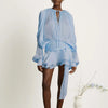 French Style Bubble Sleeve Mini Dress Woman Ruffle Solid Bright Satin Party Dress Spring Tie-up O Neck Pleated Dress