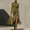 Turtleneck Long Sleeve Bodycon Dress Casual Long Sleeve Solid Slim Tassel Dress Women's Elegant Draped Suede Long Dress