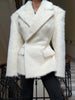 Women White Fuzzy Wool Blazer Notched Lapel Double Breasted Fluffy Thick Winter Elegant Coat
