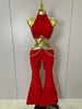 Rhinestone Red Sexy Cut Out Two Piece Pants Bandage Set Women Celebrity Designer Women's Set Stage Outfit