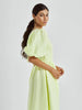 100% Cotton V-neck Waist Cinched Dress Unique Lantern Sleeve Sexy Slit Long Skirt Women's Casual Dresses