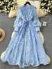 Spring Autumn French Women's Dress Lace Embroidery V-neck Lantern Sleeves Single Breasted Party Birthday Dress C192