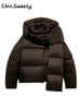 Warm Women's Detachable Scarf Collar Hooded Cotton Coat Solid Full Sleeve Buttons Pocket Thicken Jacket Winter Lady Outwear