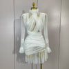 Elegant White High Collar Long Sleeve Solid Mesh Sexy See Through Ruffle Mini Dress Women Evening Club Party Birthday Dresses