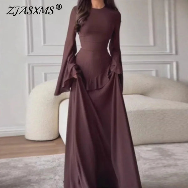 Robes for Woman Elegant O Neck Solid Ruffles Party Pleated Dress Spring Autumn Flare Sleeve Tie-up Slim Female Clothing Vestidos