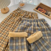 Padded Thickened Wide Leg Pants Winter LambswoolPlaid Pants Female High Waist Casual Straight Pants
