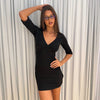 Women Twist V Neck Bodycon Mini Dress Slim Mid Sleeve Solid Color Sexy Y2K Casual Tee Dress Date Vacation Outfit