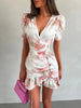 Women Sexy Flora Painted Ruffle Slim Dress Chic Deep V-neck Double Layered Ruffled Hem Dresses Lady Daily Party Gowns