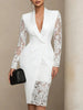 Elegant Lace Sexy Slim Dress for Women's Long Sleeve Satin Notched Collar Hollow Out Office Lady Spring Casual Dress