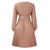 Elegant Dresses Woman V Neck Full Sleeve Pleated Mid Calf Belt Waisted African Female Birthday Party Dress