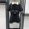 Women's A-Line Short Dress, Wide Leg Pants or Contrasting Collar Long Sleeve Coat Top Black Tweed Gold Buckle Set+Short Robe