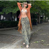 Printed Curved Wide Leg Denim Jeans High Waist Seam Detail Casual Women All-match Long Pants Autumn Chic Outfits