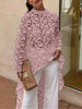 Elegant Women Top Round Neck Solid Color Irregular Shirt Autumn Sexy Lace Hollow Out Long Sleeve Blouse Vestidos
