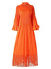 Maxi Dress Women High Neck Long Sleeves Stitching Tassel Hem Solid Color Dresses Female Party Clothing 2DB1143