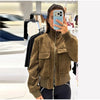 Women's Cropped Bomber Jacket Stand Collar Zipper Patch Pocket Rib Trim Long Sleeve Short Coat Vintage Autumn Casual Outfit
