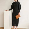 Pleated Half High Collar Batwing Sleeve Women's Dress Chic Elastic Loose Casual Famale Clothes 2DB4324